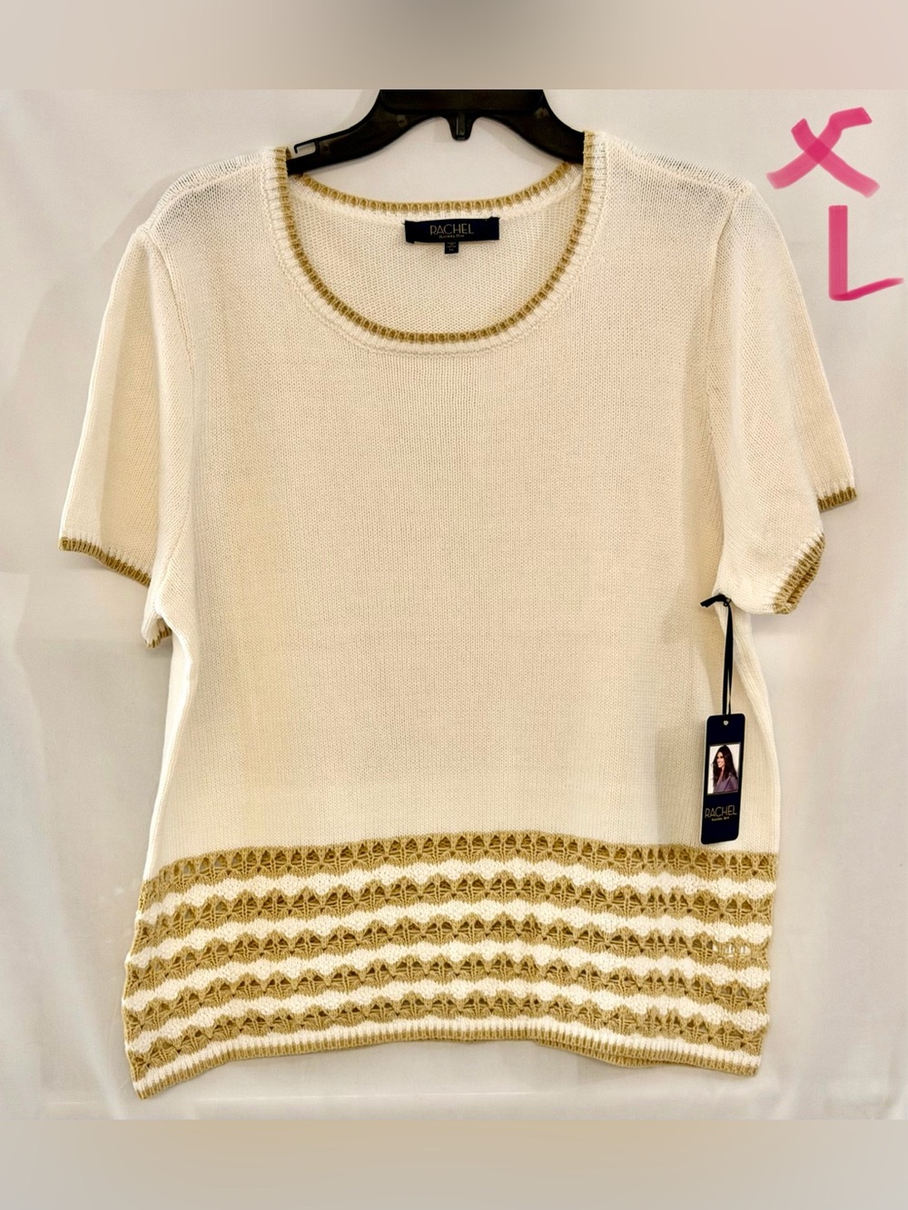 Rachel Zoe Cream Short-Sleeve Knit Top with Gold Trim Accents